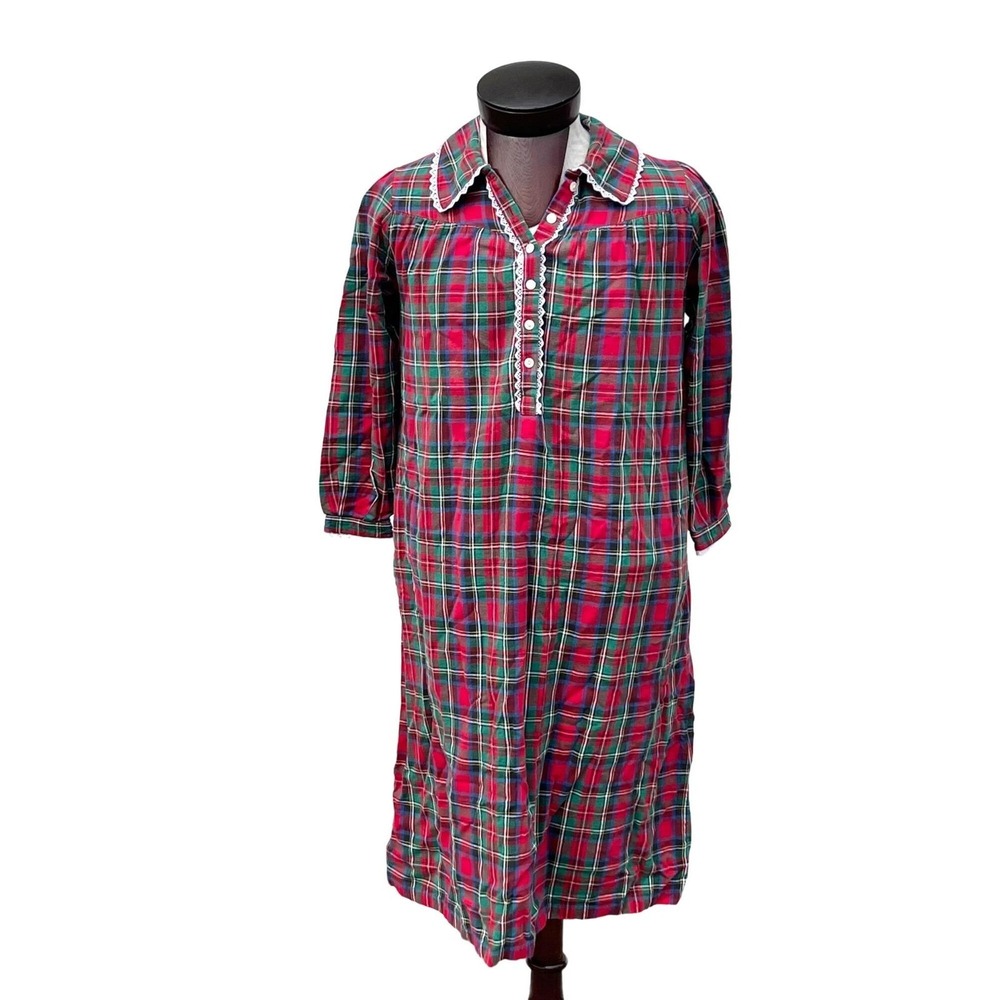 Vintage Talbots Petite Red Plaid Lace Nightgown Flannel Size S Modest Holiday